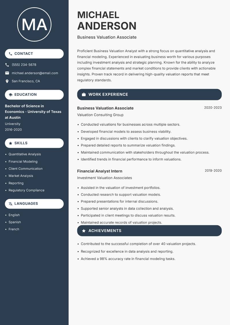 Business Valuation Analyst resume template — Compact