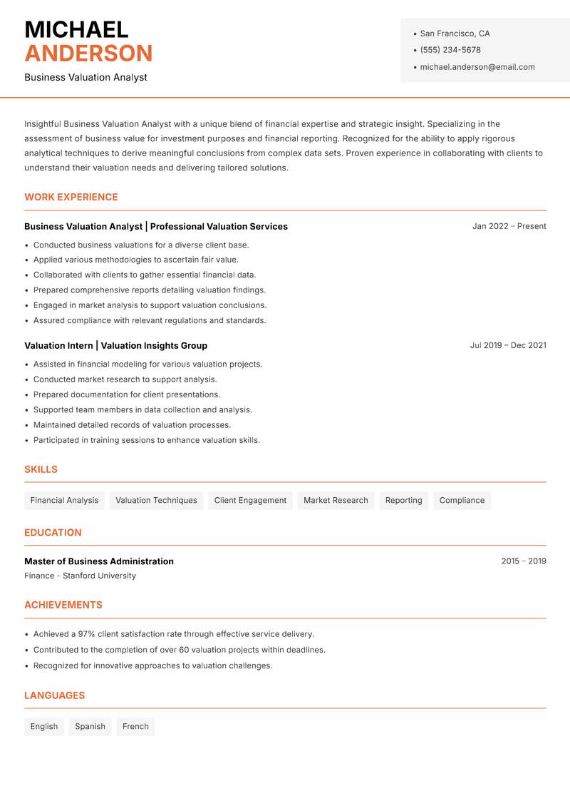 Business Valuation Analyst resume template — Modern Professional