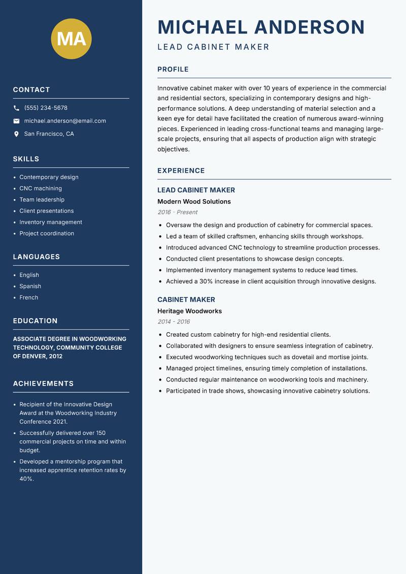 Cabinet Maker resume template — Classic Clean