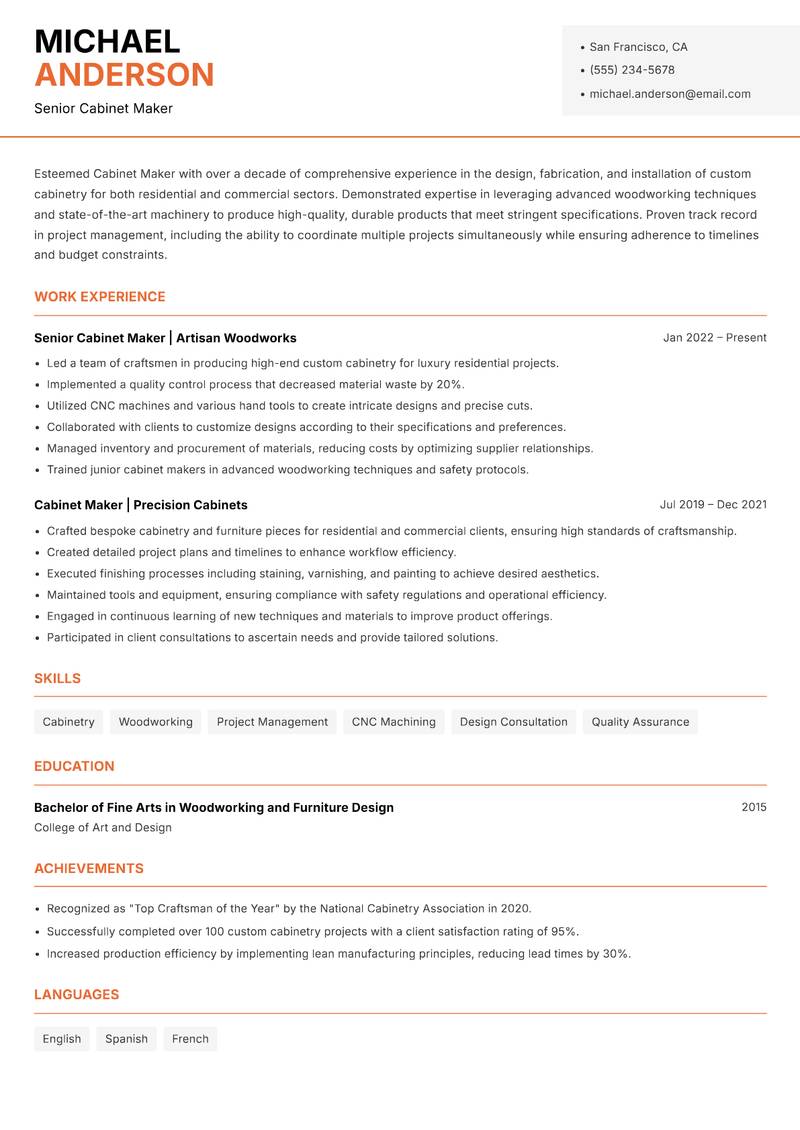 Cabinet Maker resume template — Modern Professional