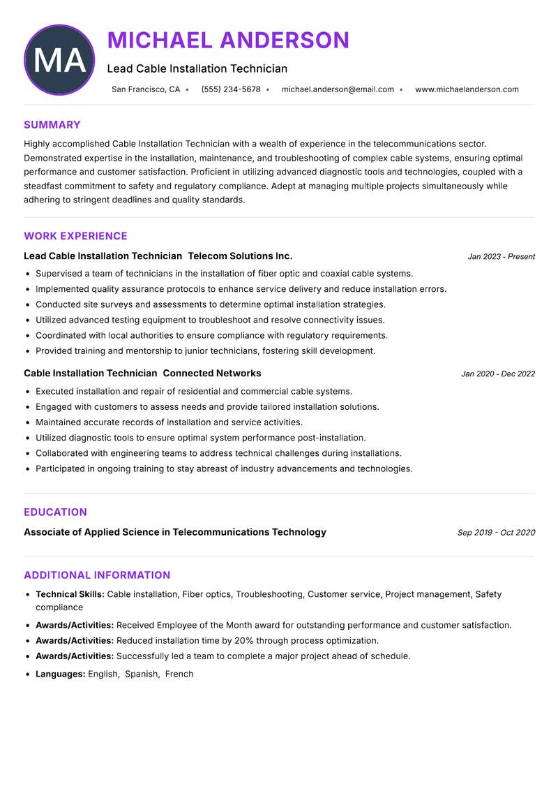 Cable Installation Technician resume example — ATS-friendly template