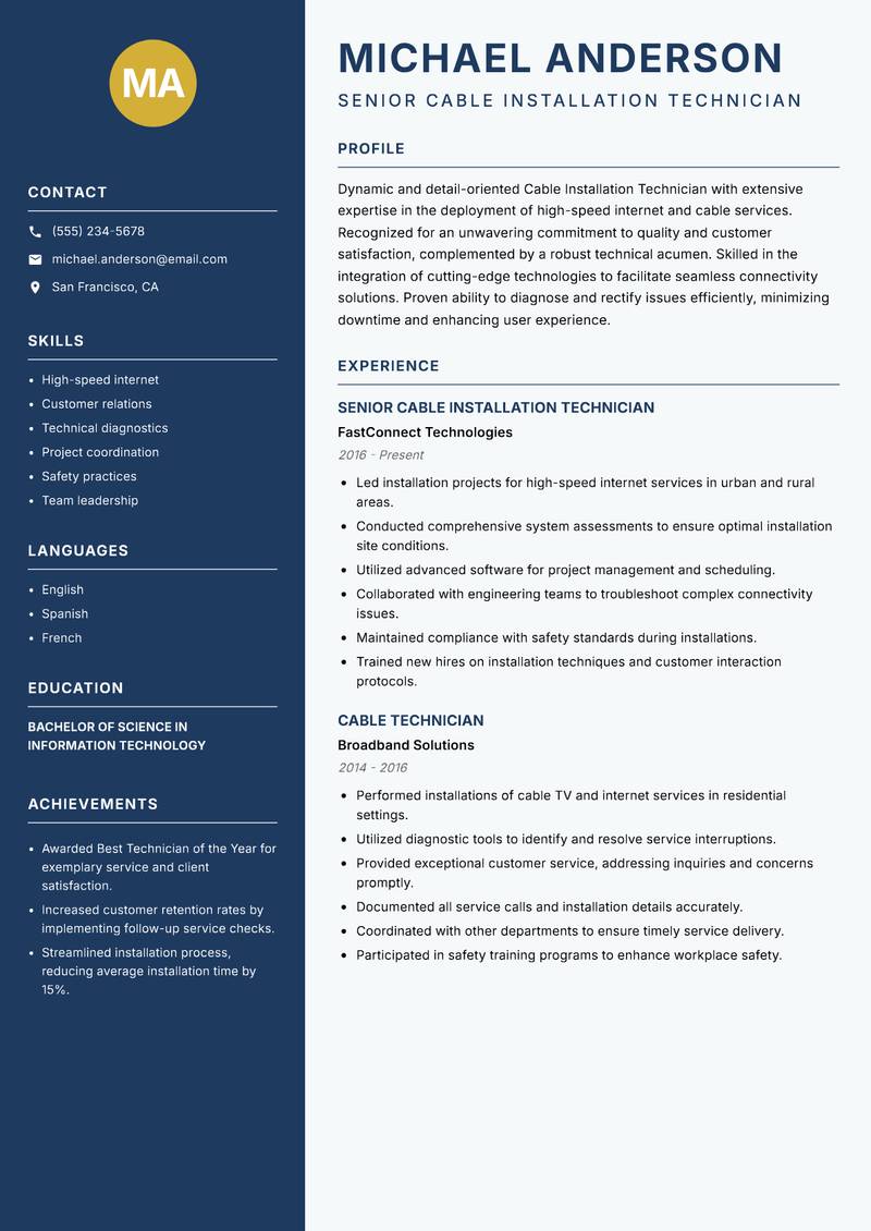 Cable Installation Technician resume template — Classic Clean