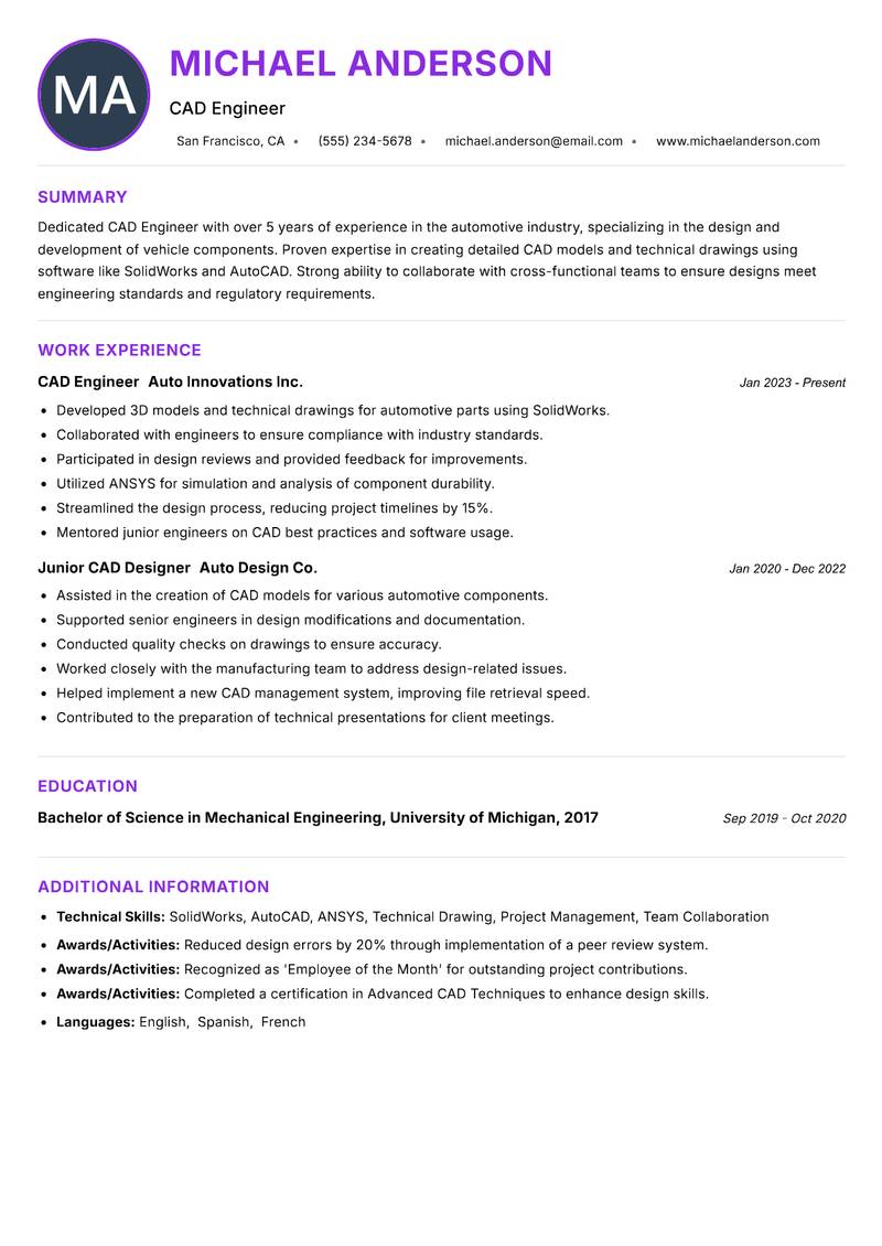 CAD Engineer resume example — ATS-friendly template