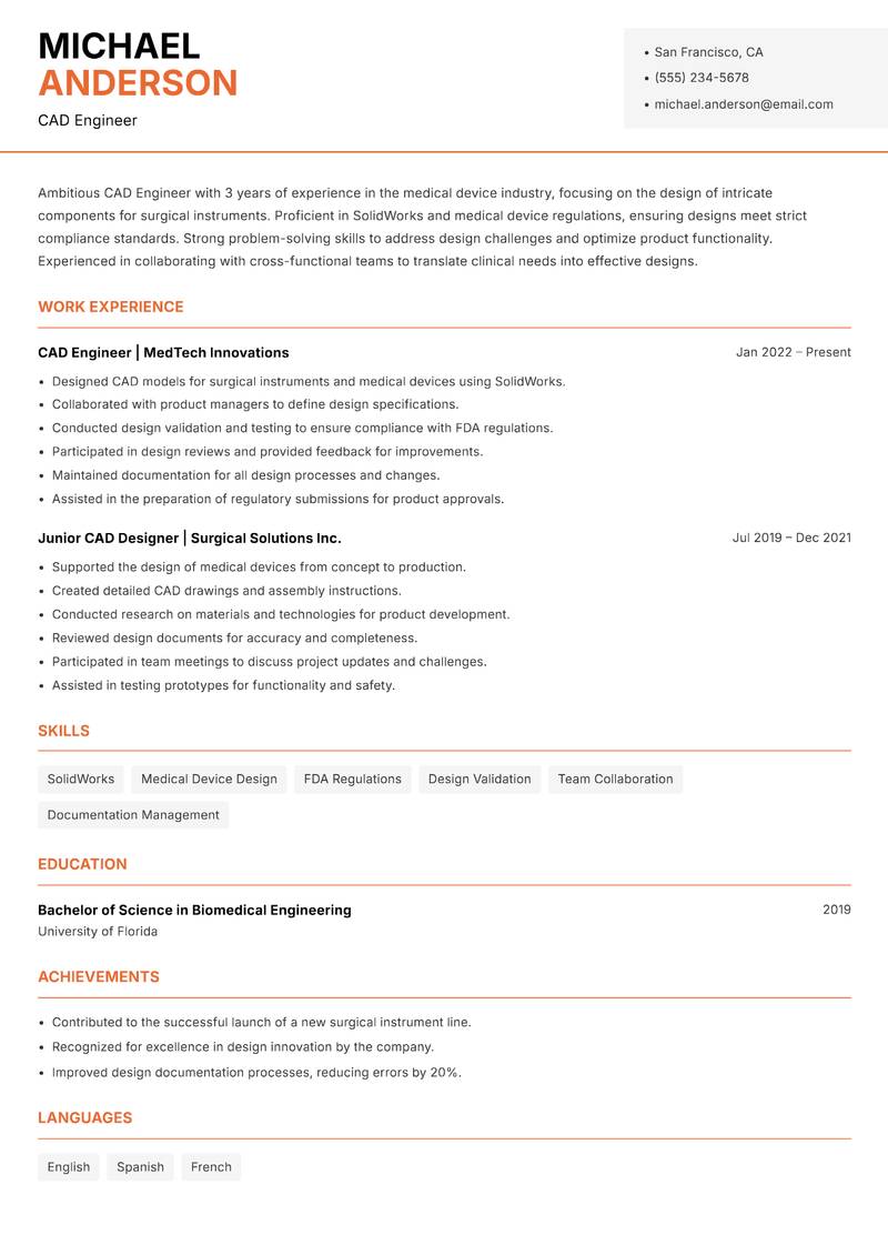 CAD Engineer resume template — Modern Professional