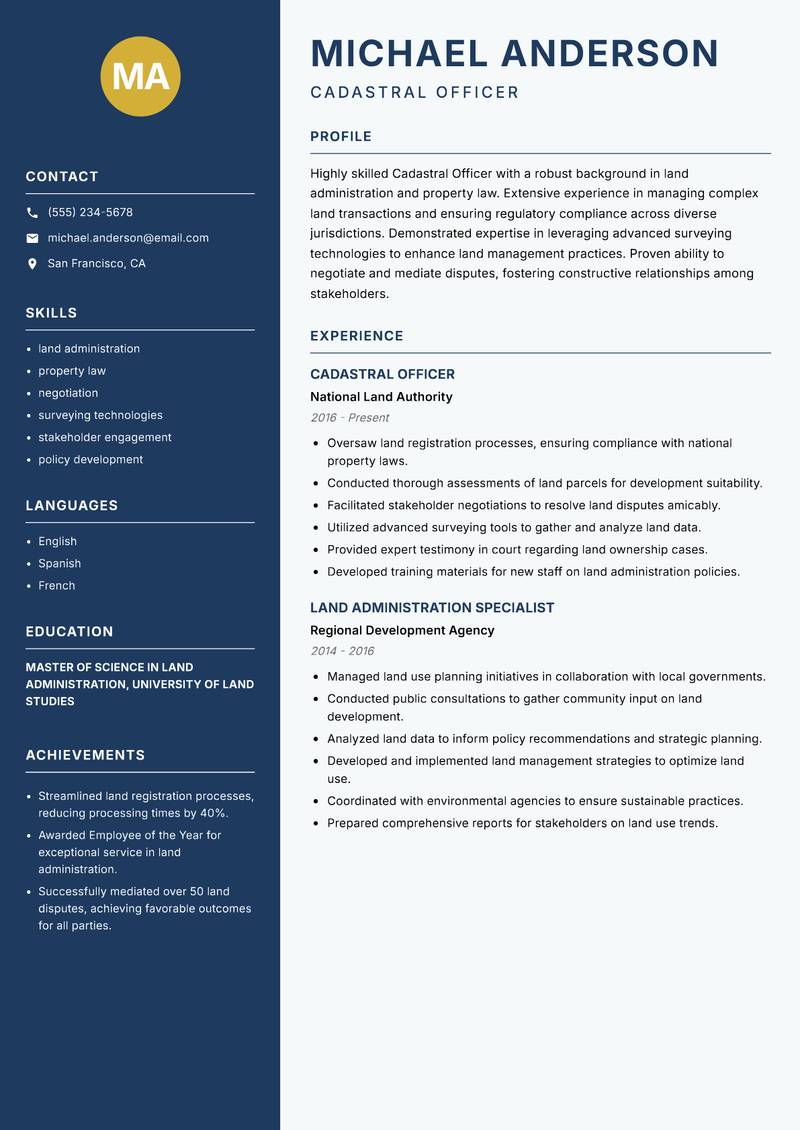 Cadastral Officer resume template — Classic Clean