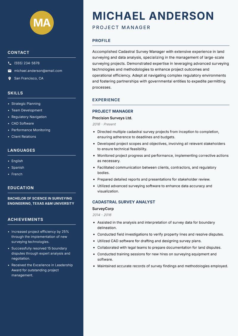 Cadastral Survey Manager resume template — Classic Clean