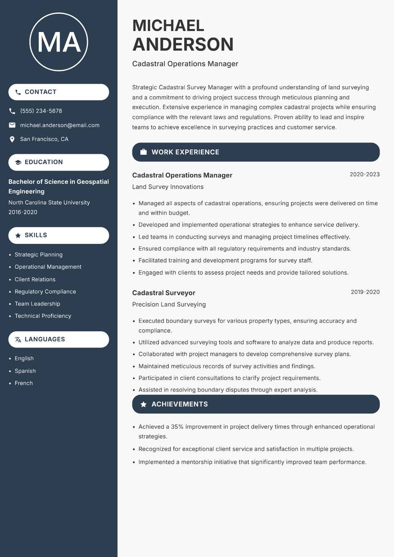 Cadastral Survey Manager resume template — Compact