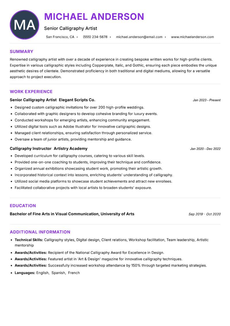 Calligraphy Artist resume example — ATS-friendly template