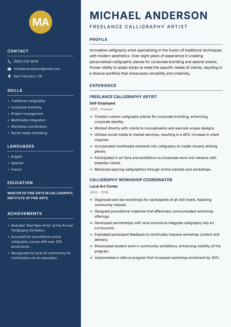 Calligraphy Artist resume template — Classic Clean