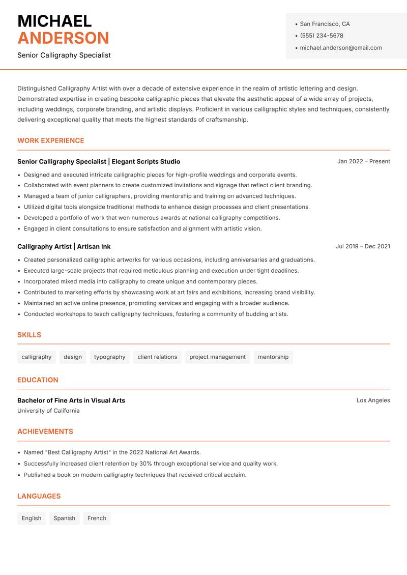 Calligraphy Artist resume template — Modern Professional
