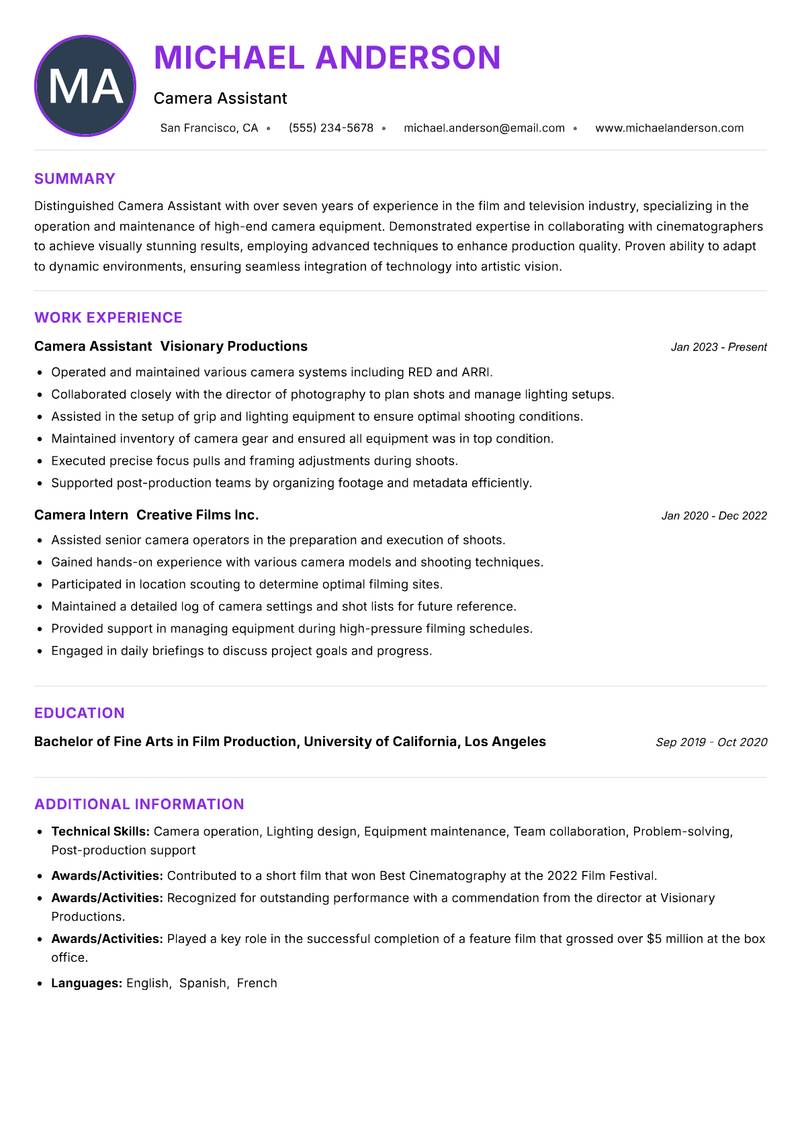 Camera Assistant resume example — ATS-friendly template