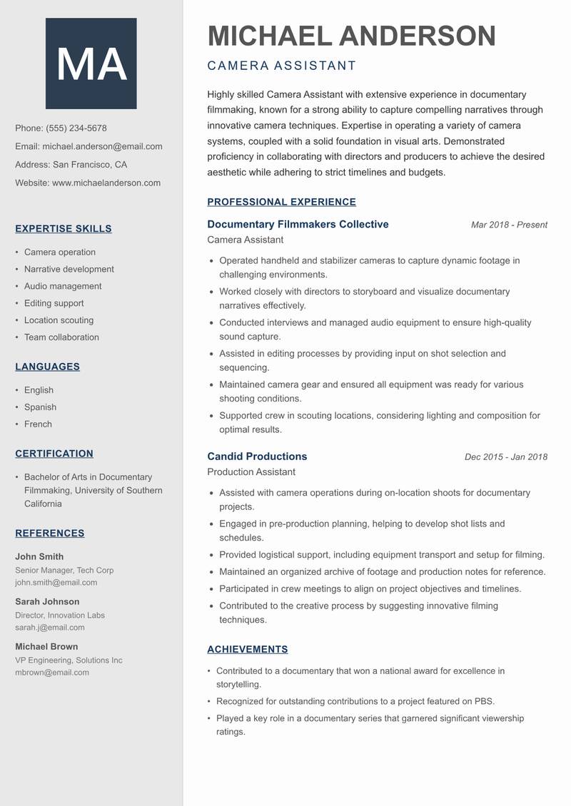 Camera Assistant resume template — Creative Minimal