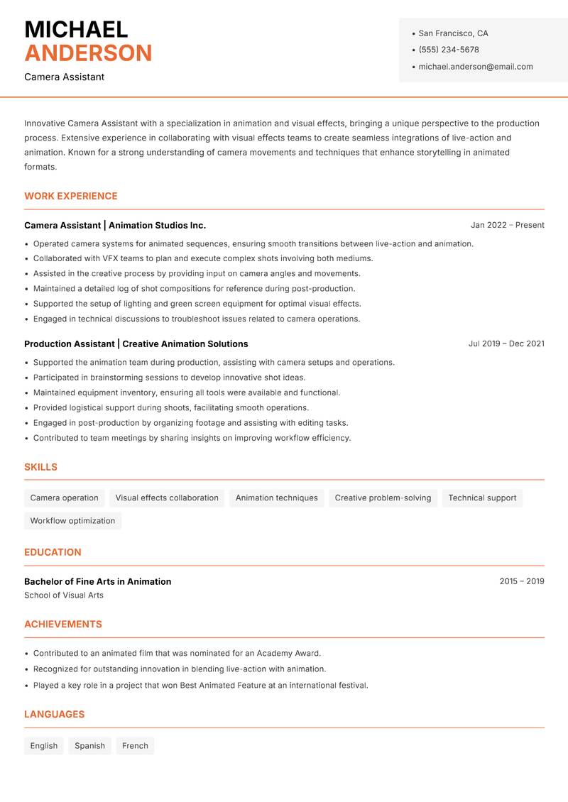 Camera Assistant resume template — Modern Professional