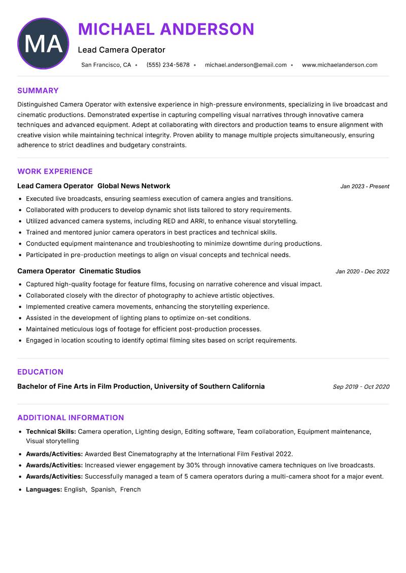 Camera Operator resume example — ATS-friendly template
