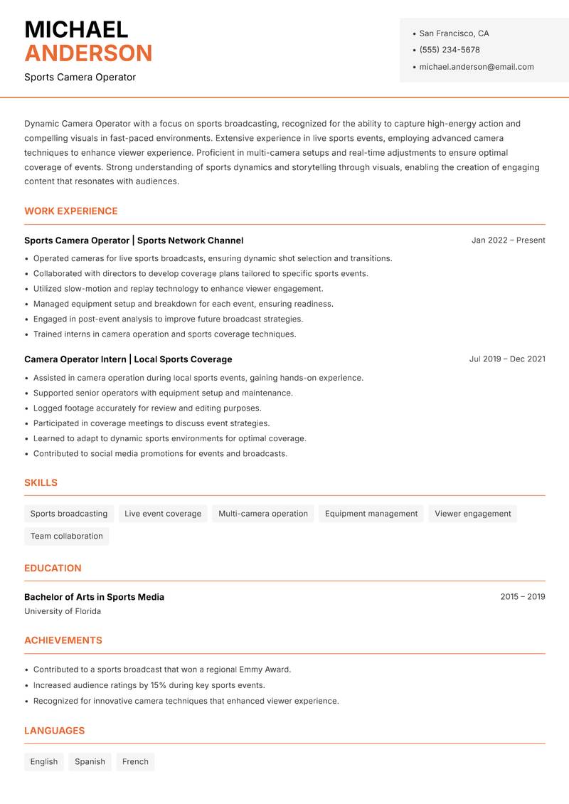 Camera Operator resume template — Modern Professional