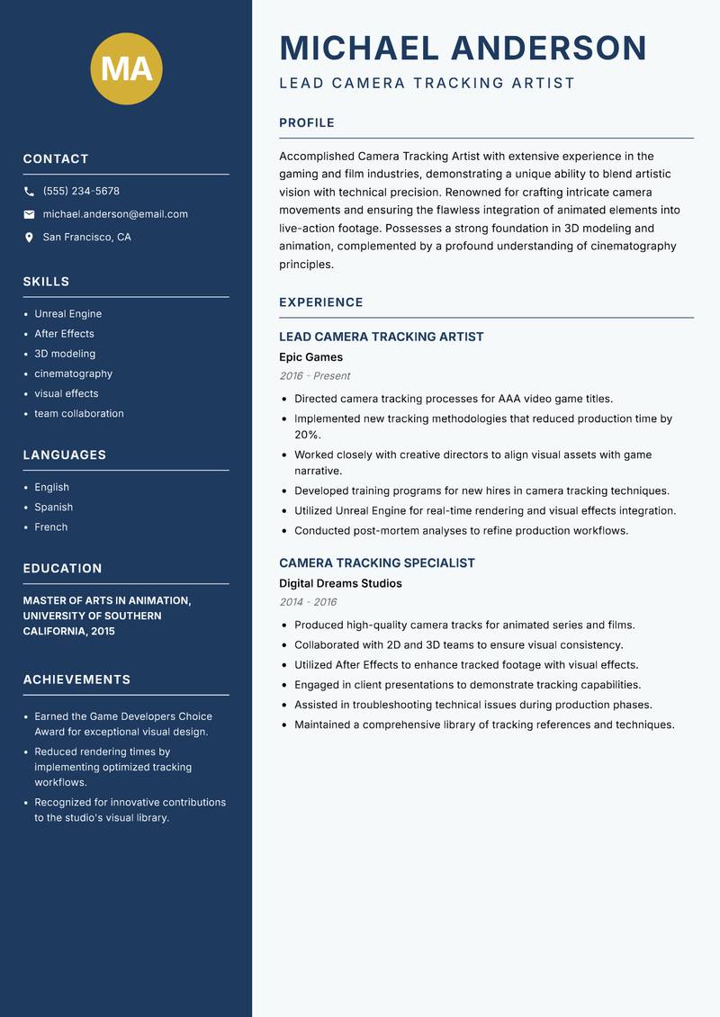Camera Tracking Artist resume template — Classic Clean