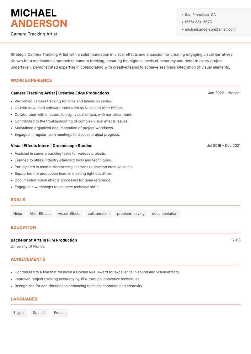 Camera Tracking Artist resume template — Modern Professional