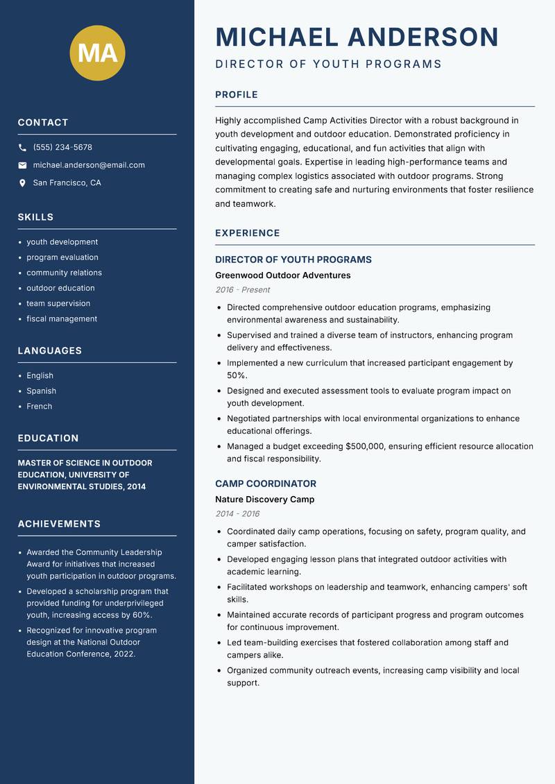 Camp Activities Director resume template — Classic Clean