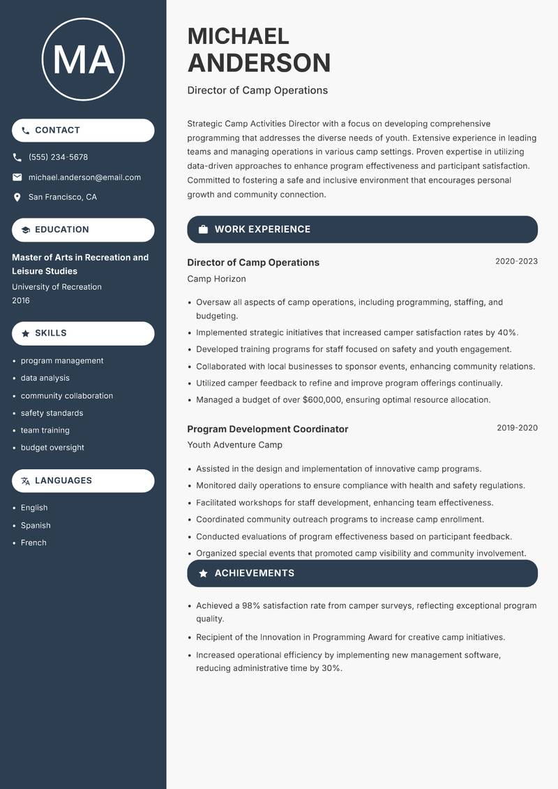 Camp Activities Director resume template — Compact