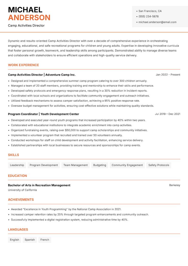 Camp Activities Director resume template — Modern Professional