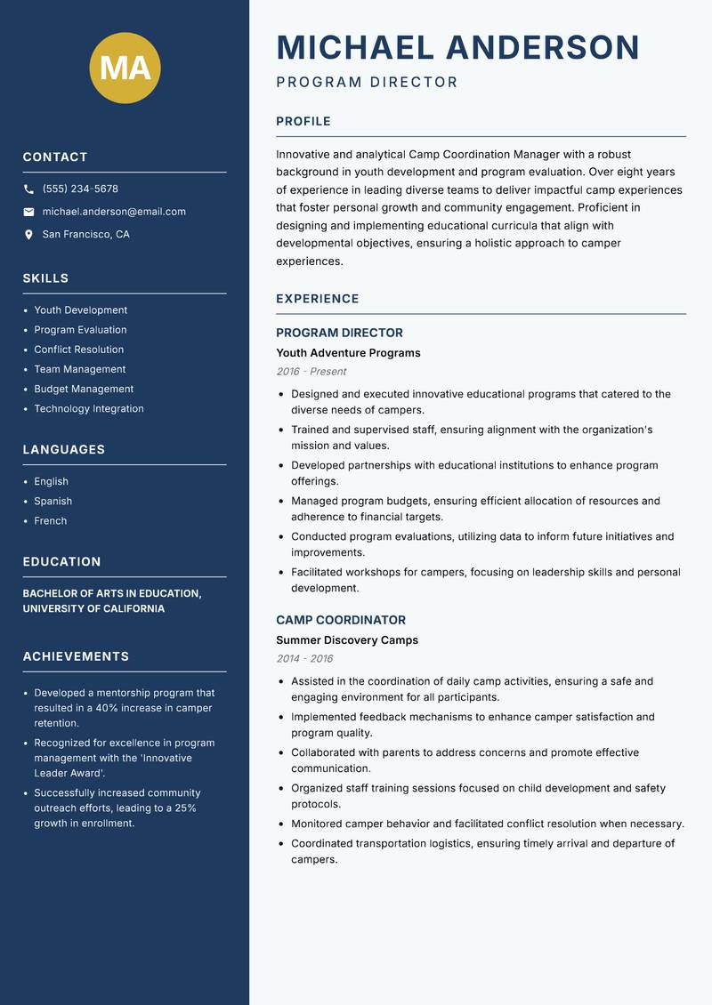 Camp Coordination Manager resume template — Classic Clean