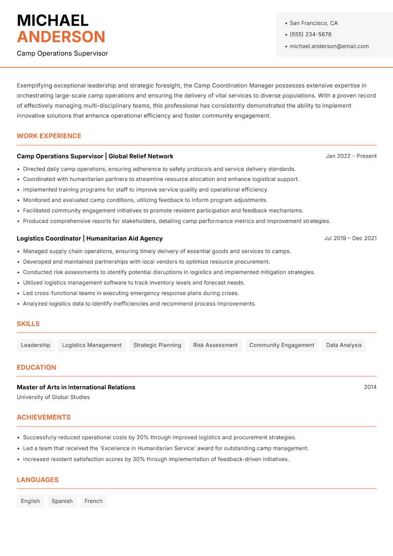 Camp Coordination Manager resume template — Modern Professional