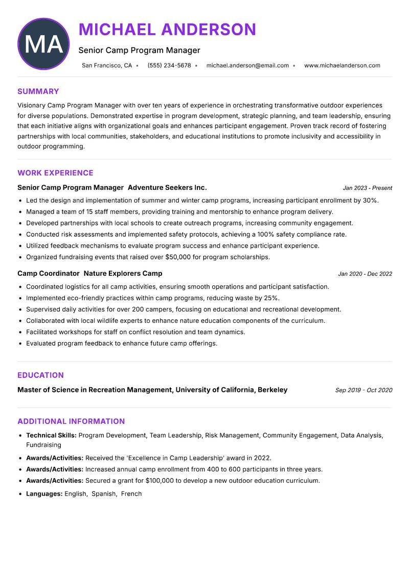 Camp Program Manager resume example — ATS-friendly template