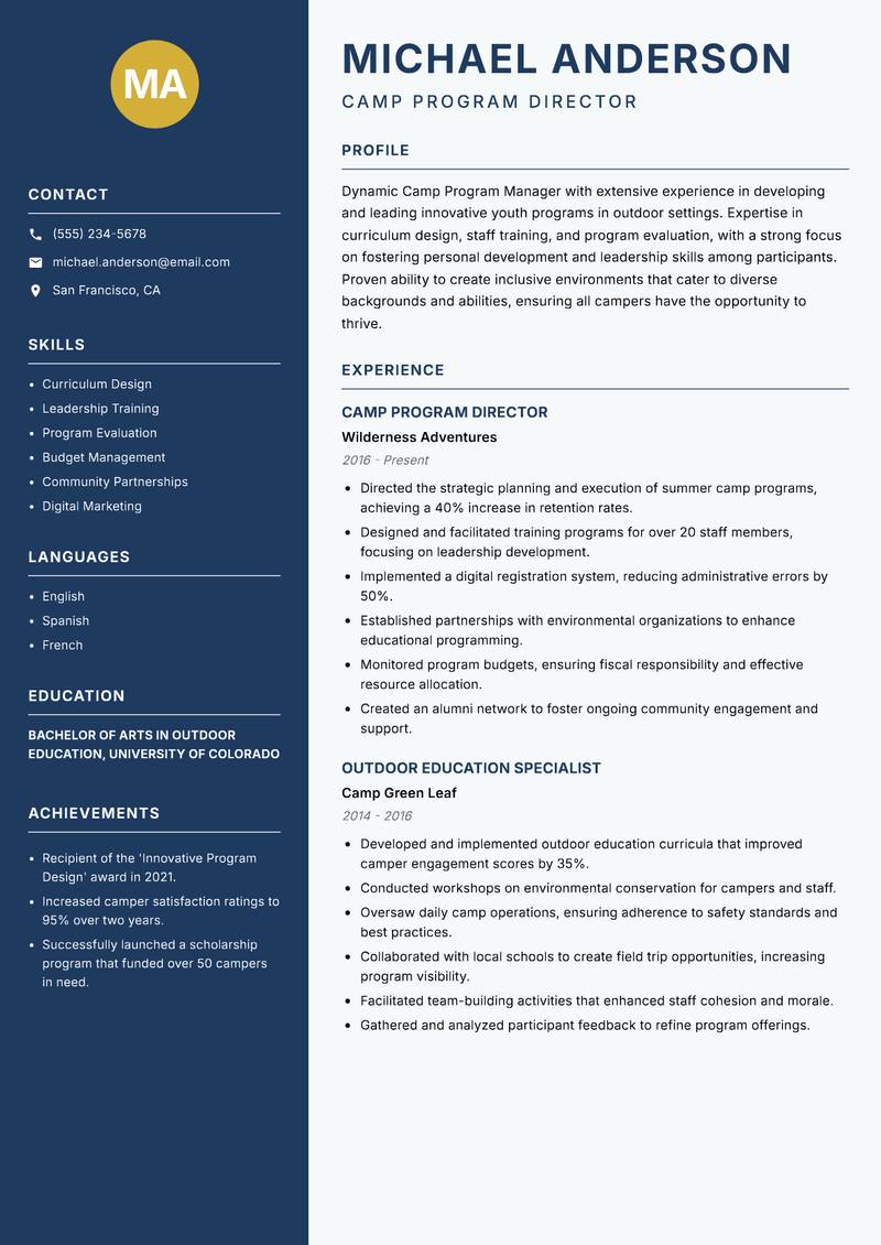 Camp Program Manager resume template — Classic Clean