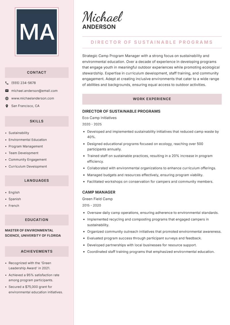Camp Program Manager resume template — Executive