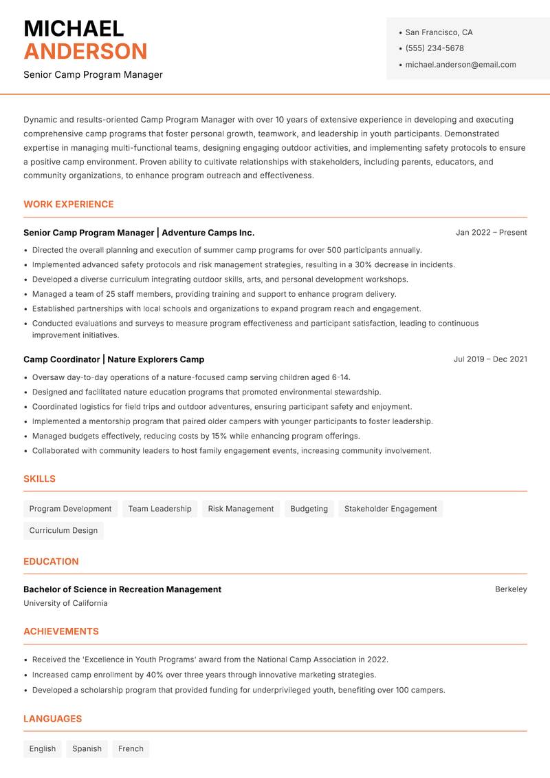 Camp Program Manager resume template — Modern Professional