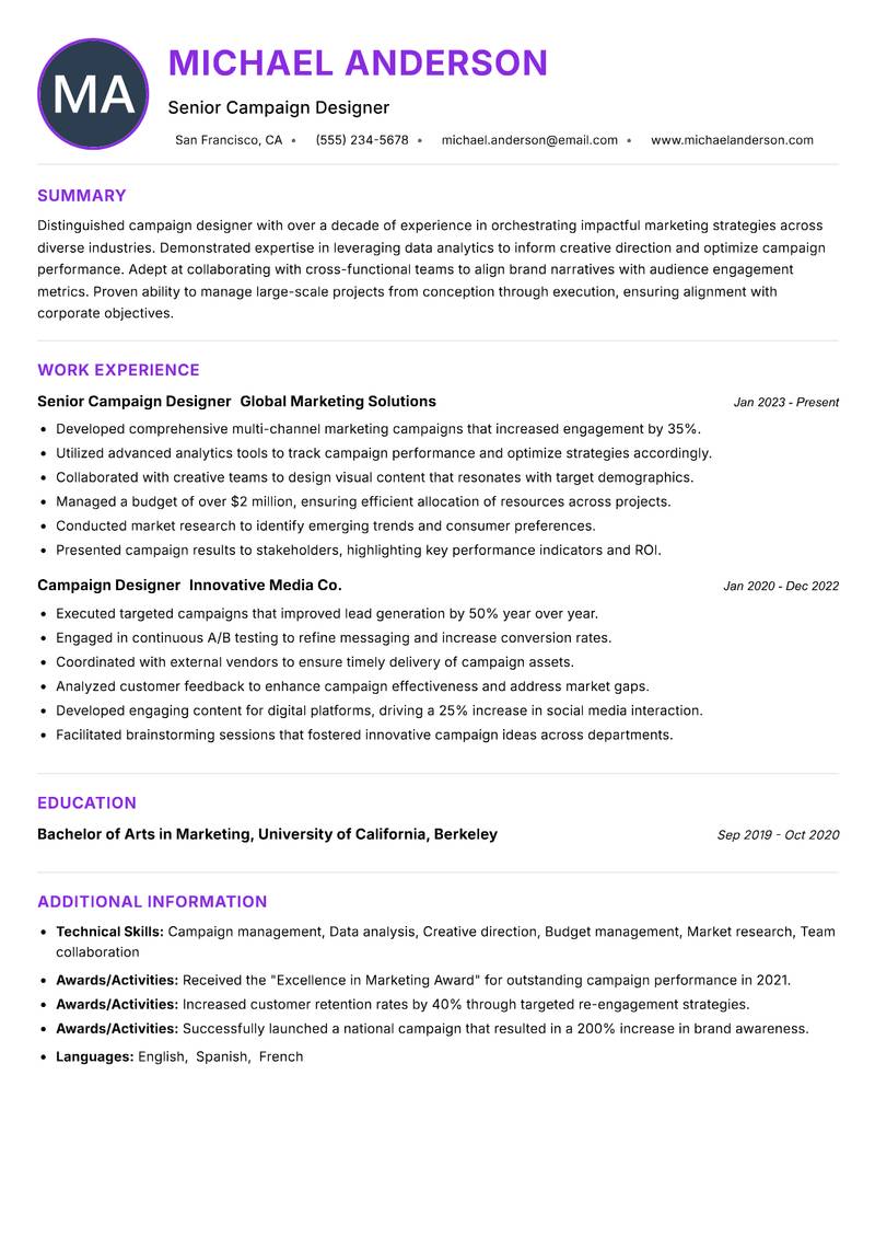 Campaign Designer resume example — ATS-friendly template
