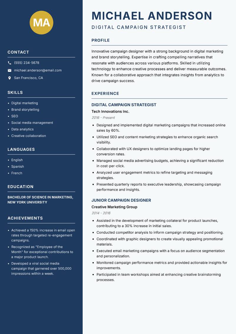 Campaign Designer resume template — Classic Clean