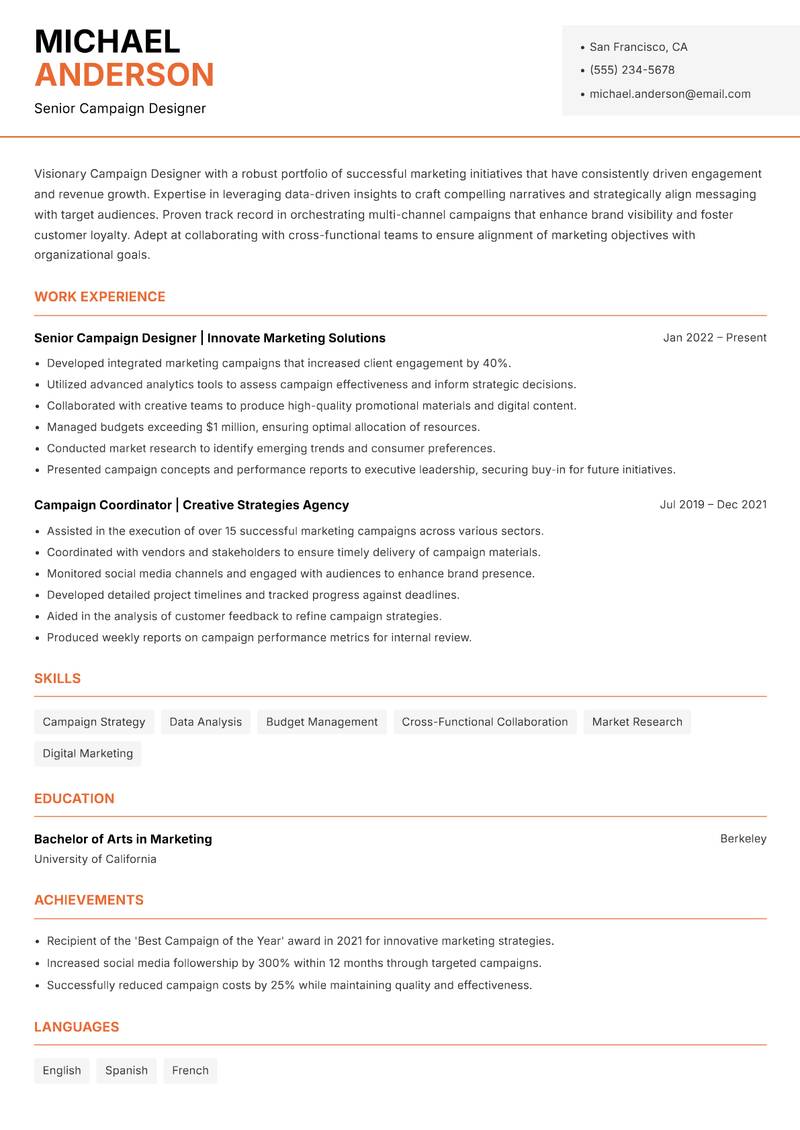 Campaign Designer resume template — Modern Professional