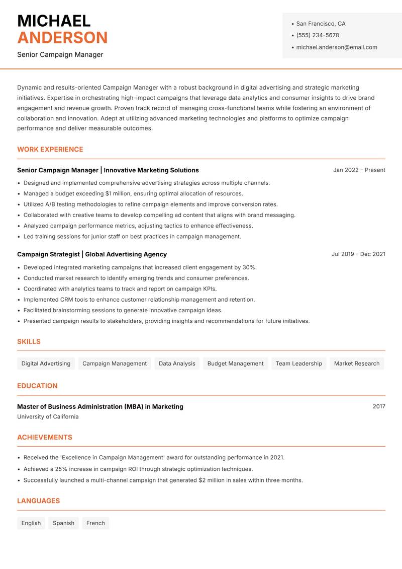 Campaign Manager Advertising resume template — Modern Professional