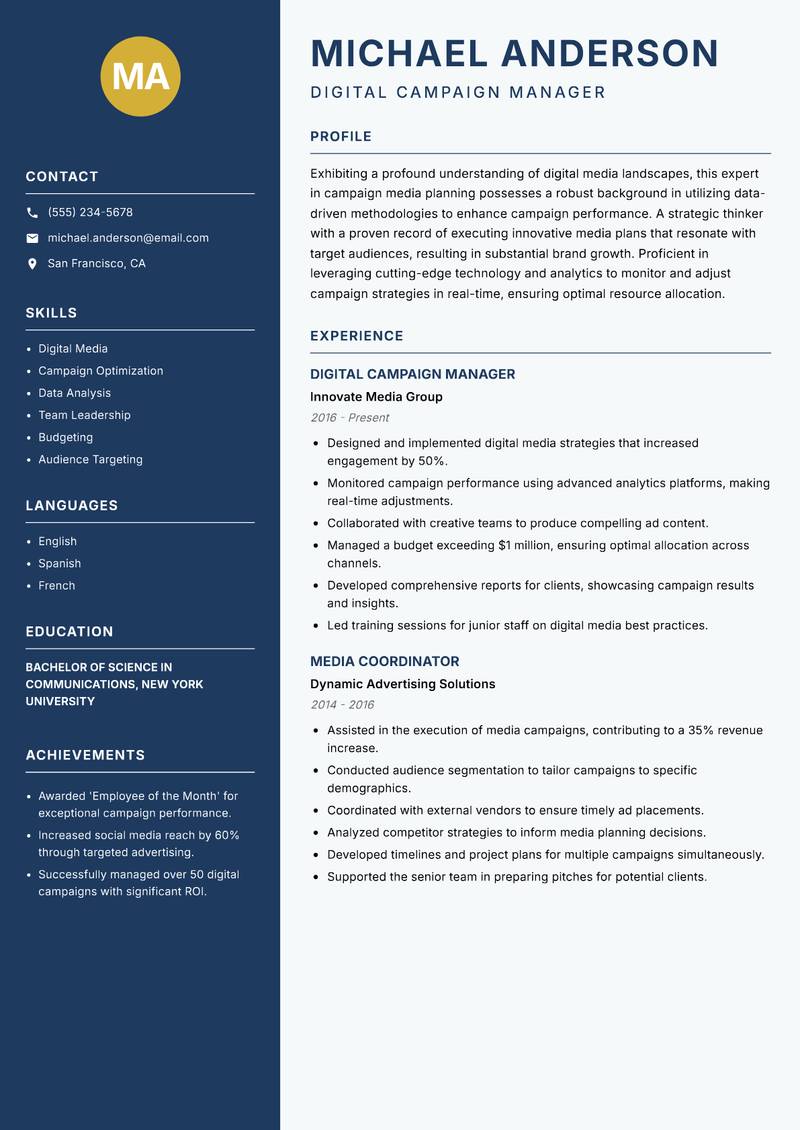 Campaign Media Planner resume template — Classic Clean