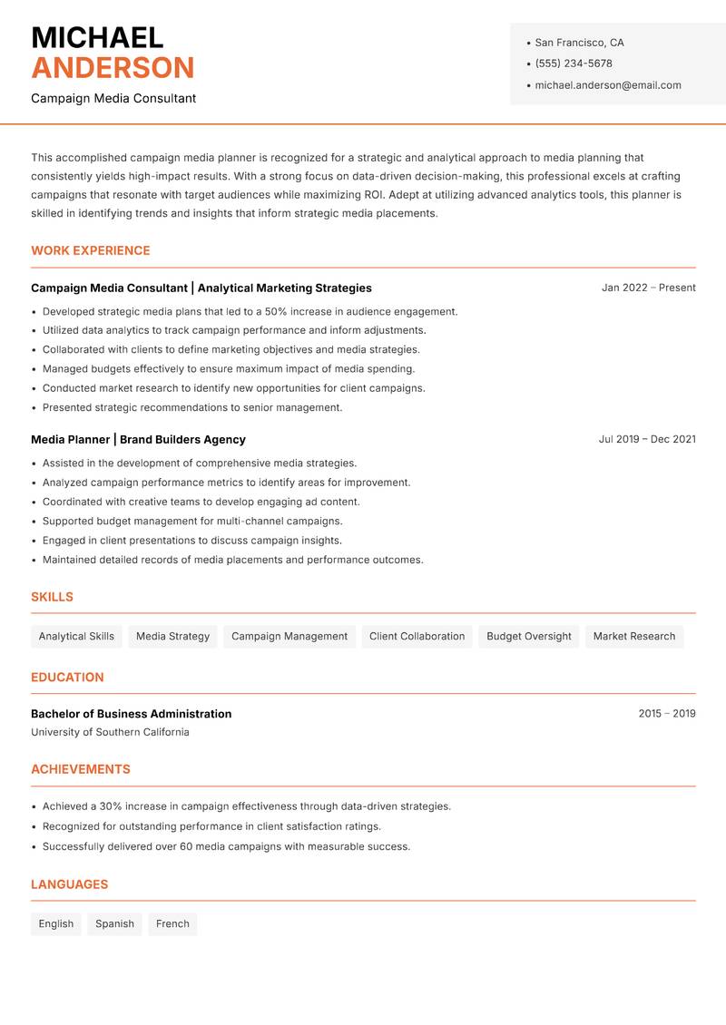 Campaign Media Planner resume template — Modern Professional
