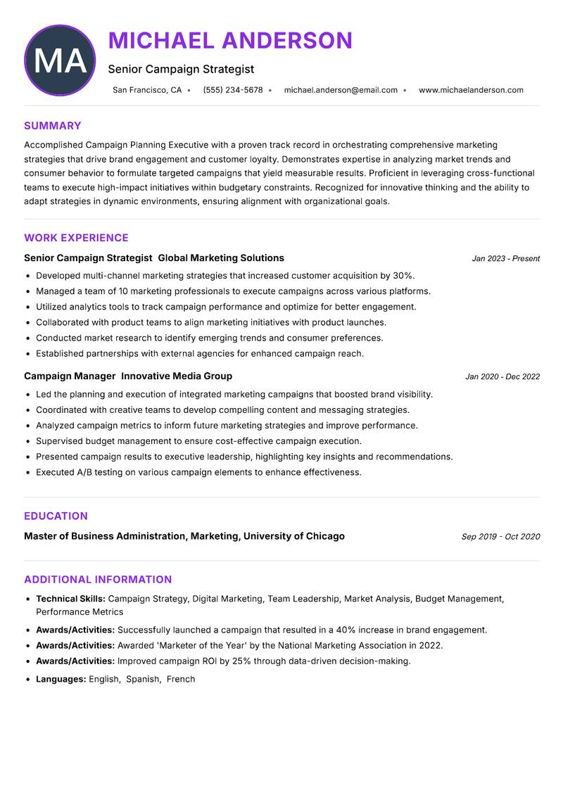 Campaign Planning Executive resume example — ATS-friendly template