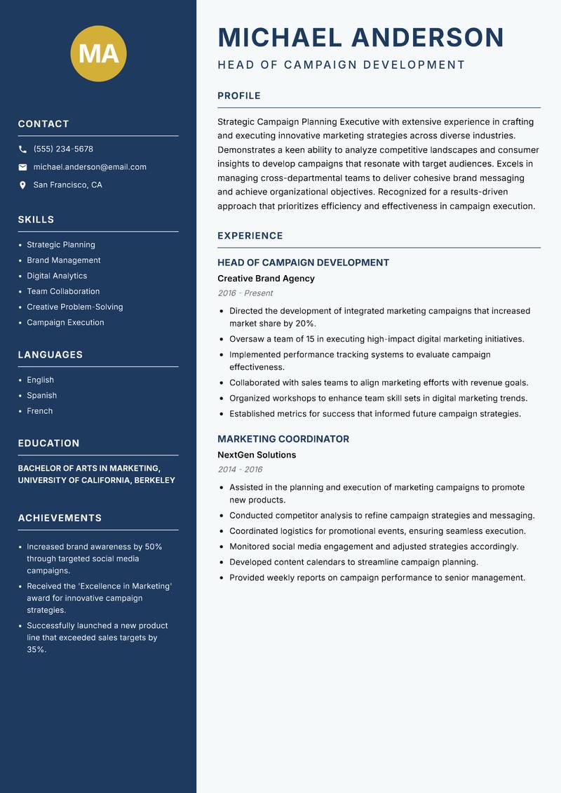 Campaign Planning Executive resume template — Classic Clean