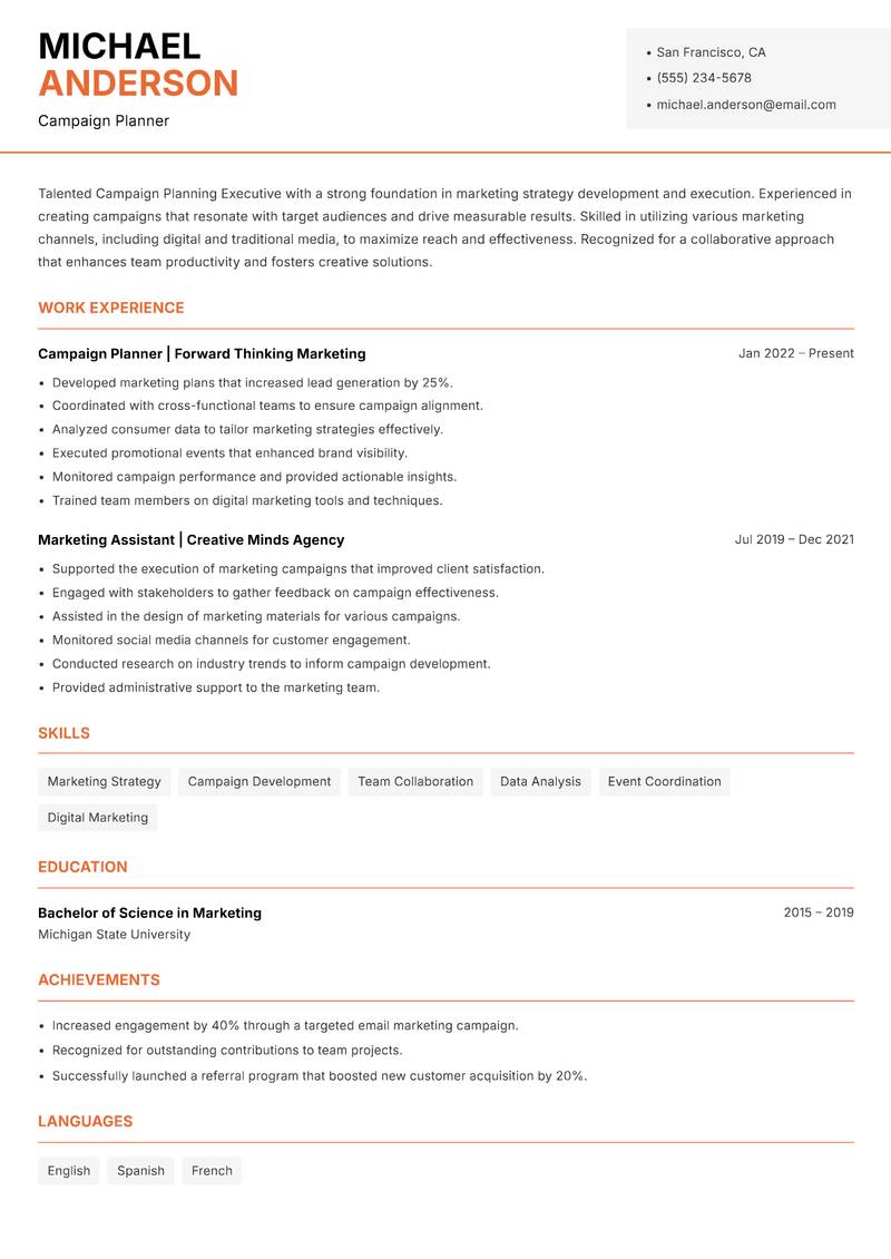 Campaign Planning Executive resume template — Modern Professional