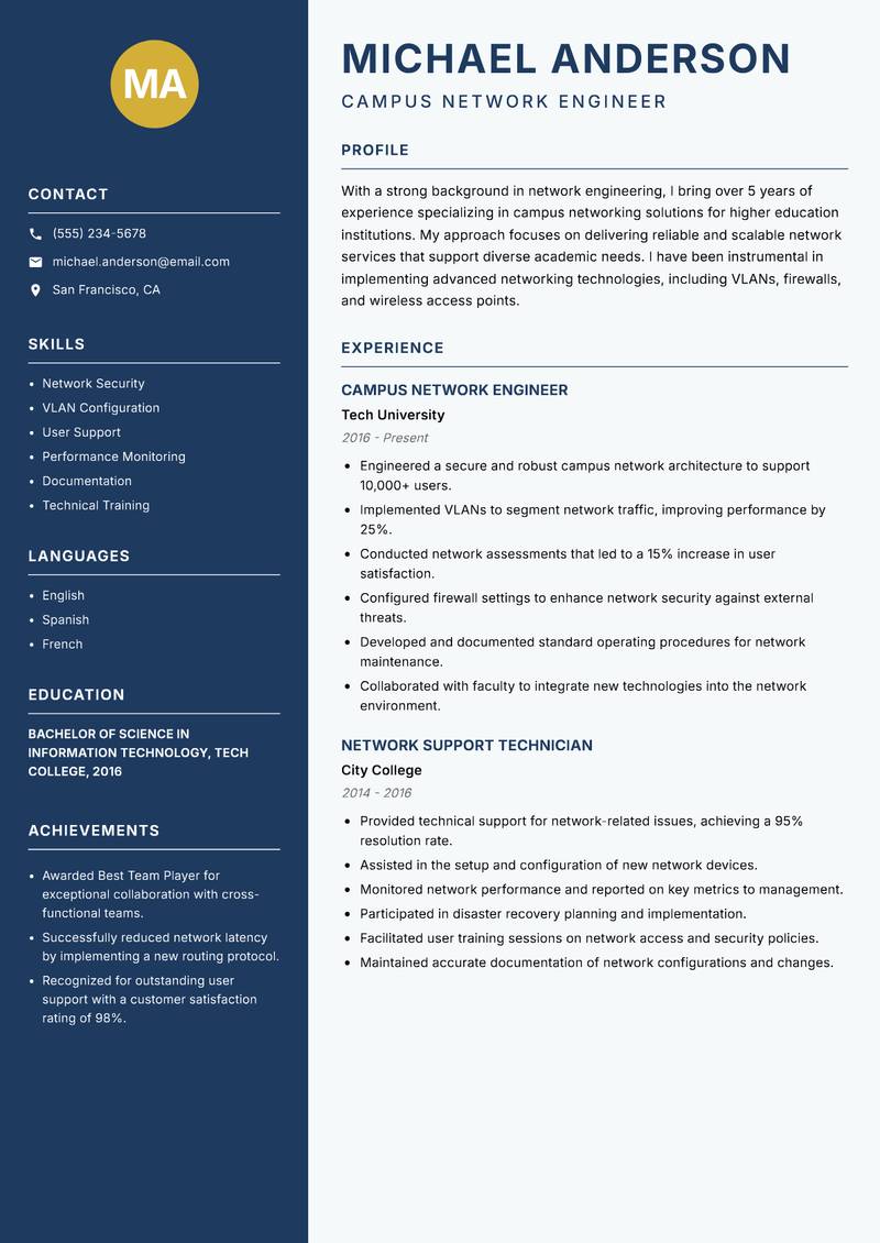 Campus Network Engineer resume template — Classic Clean