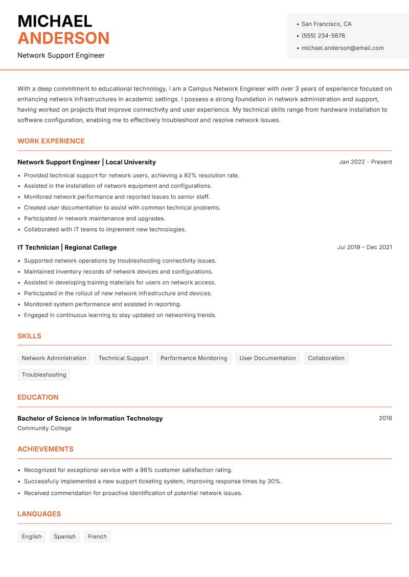 Campus Network Engineer resume template — Modern Professional