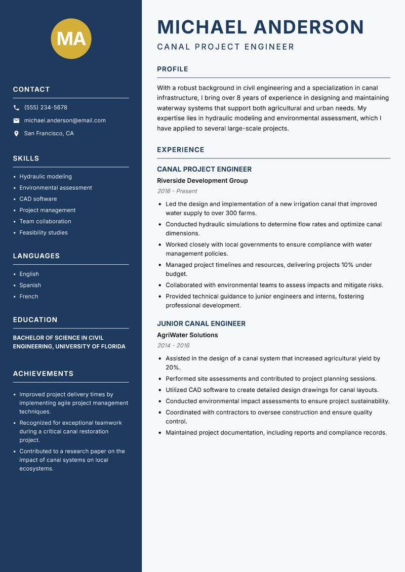 Canal Engineer resume template — Classic Clean