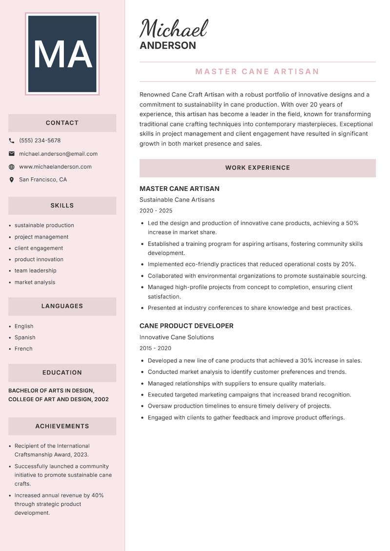 Cane Craft Artisan resume template — Executive