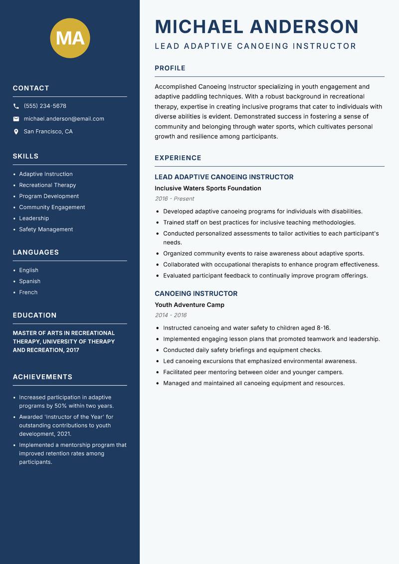 Canoeing Instructor resume template — Classic Clean
