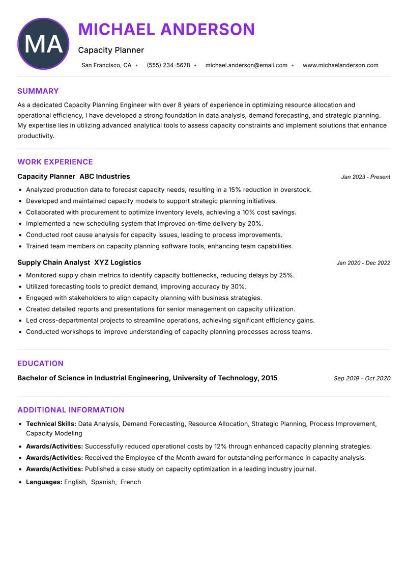 Capacity Planning Engineer resume example — ATS-friendly template
