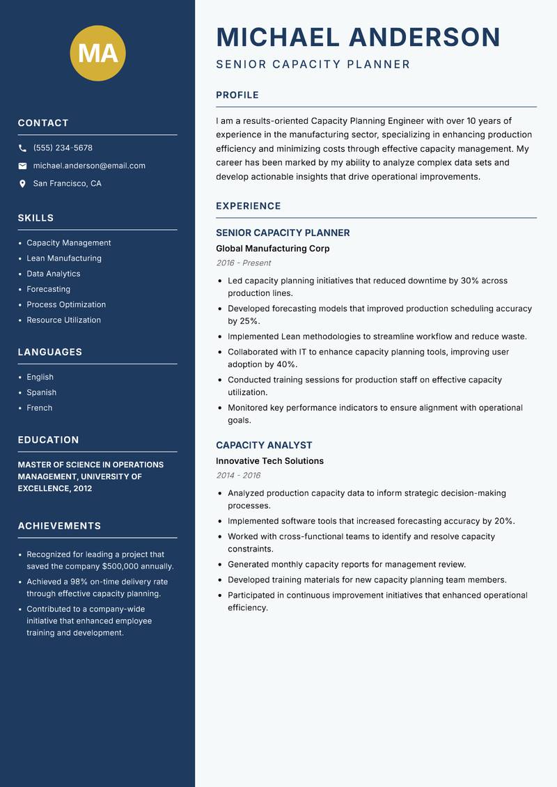 Capacity Planning Engineer resume template — Classic Clean