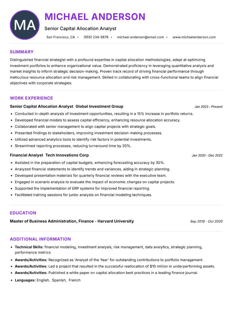 Capital Allocation Analyst resume example — ATS-friendly template