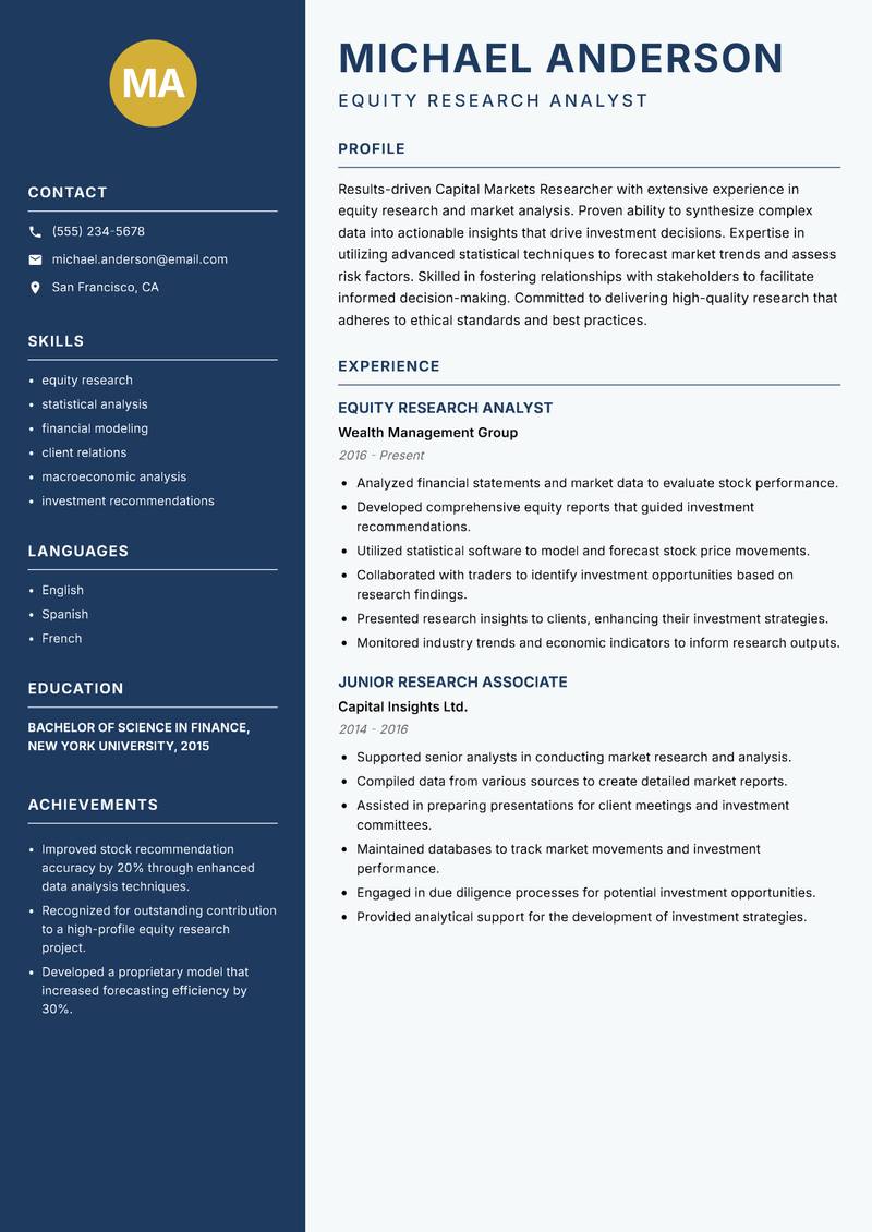 Capital Markets Researcher resume template — Classic Clean