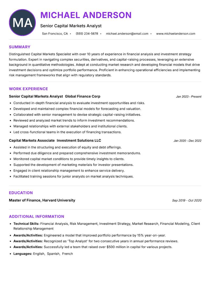 Capital Markets Specialist resume example — ATS-friendly template