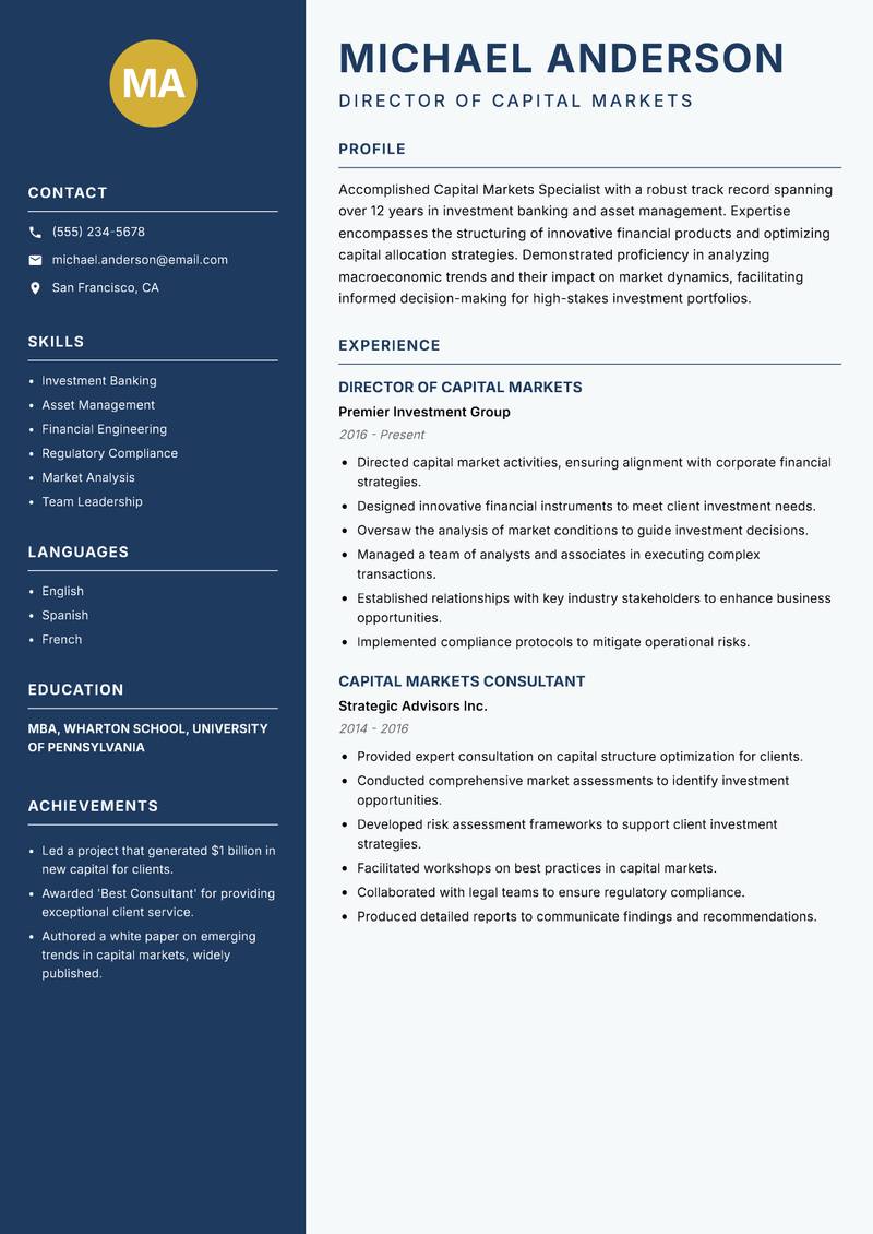 Capital Markets Specialist resume template — Classic Clean